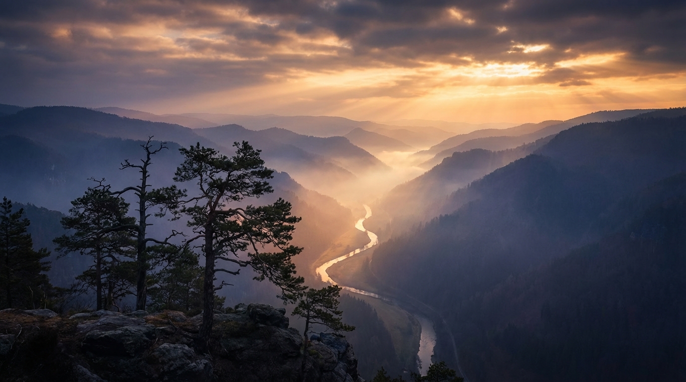 Misty mountain valley at dawn — crepuscular light over layered ridges